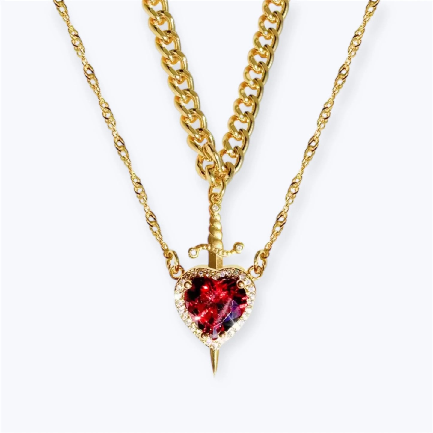 Heart & Sword Love Necklace - Gold/Red