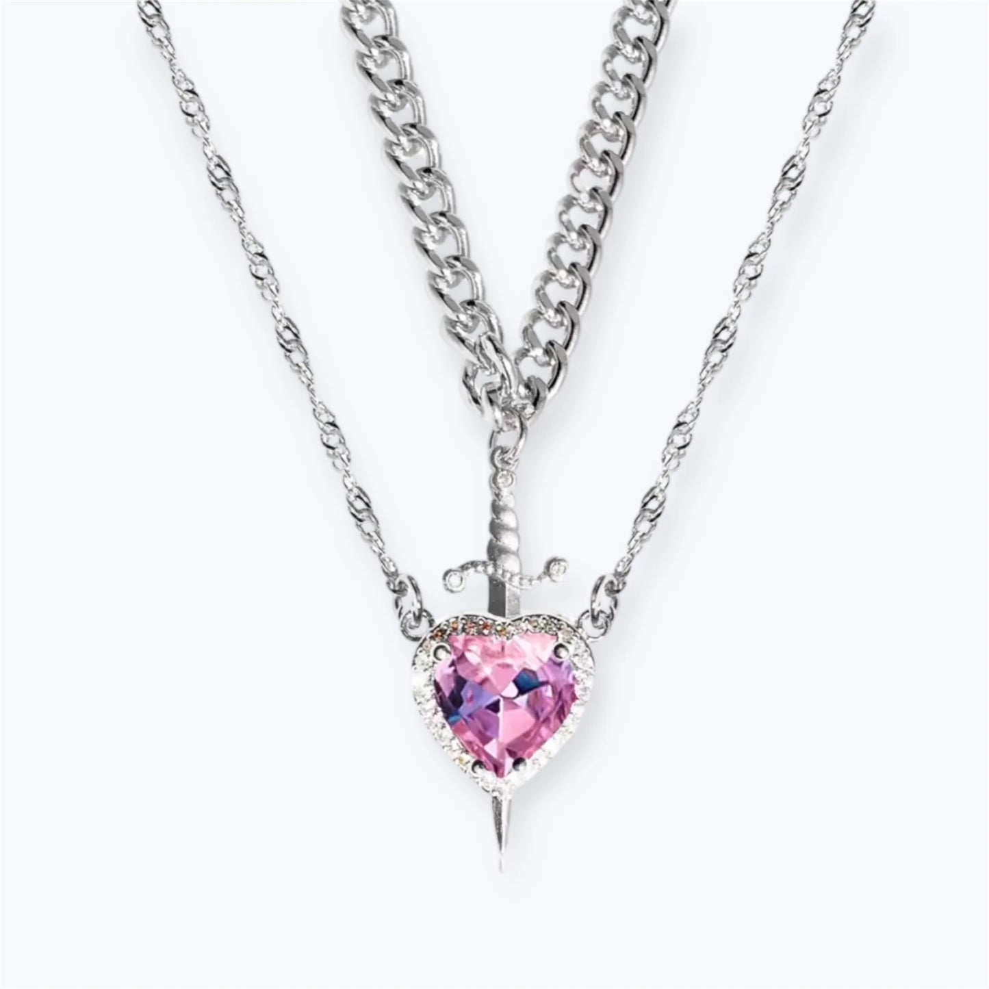 Heart & Sword Love Necklace - Silver/Pink