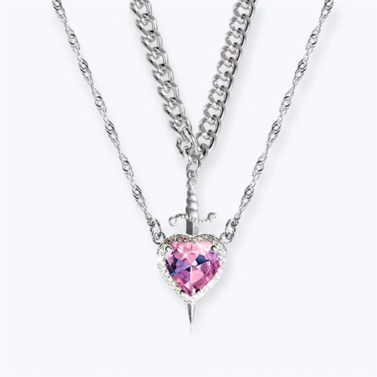 Heart & Sword Love Necklace - Silver/Pink