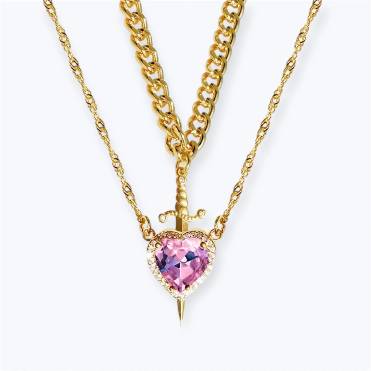Heart & Sword Love Necklace - Gold/Pink