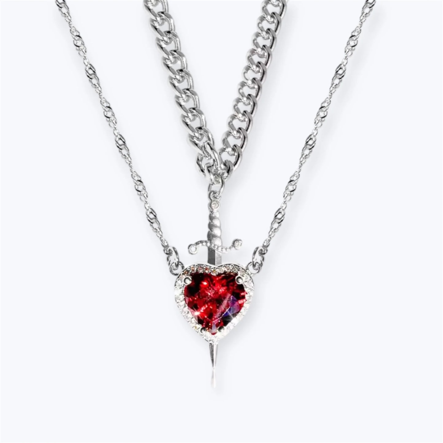 Heart & Sword Love Necklace - Silver/Red