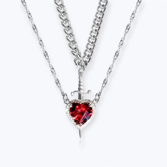 Heart & Sword Love Necklace - Silver/Red